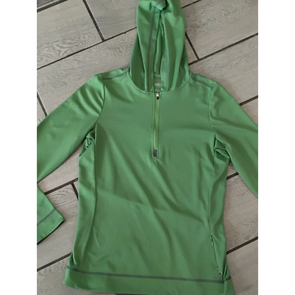 Alo Yoga‎ Sport Green 1/4 Zip Hooded Pullover Long Sleeve Athletic Top Large